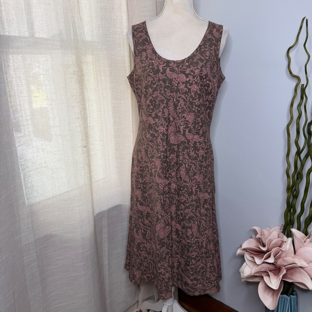 J. Jill 100%‎ Linen Dress Floral Paisley Scoop Neck Midi Brown Pink Women's 10